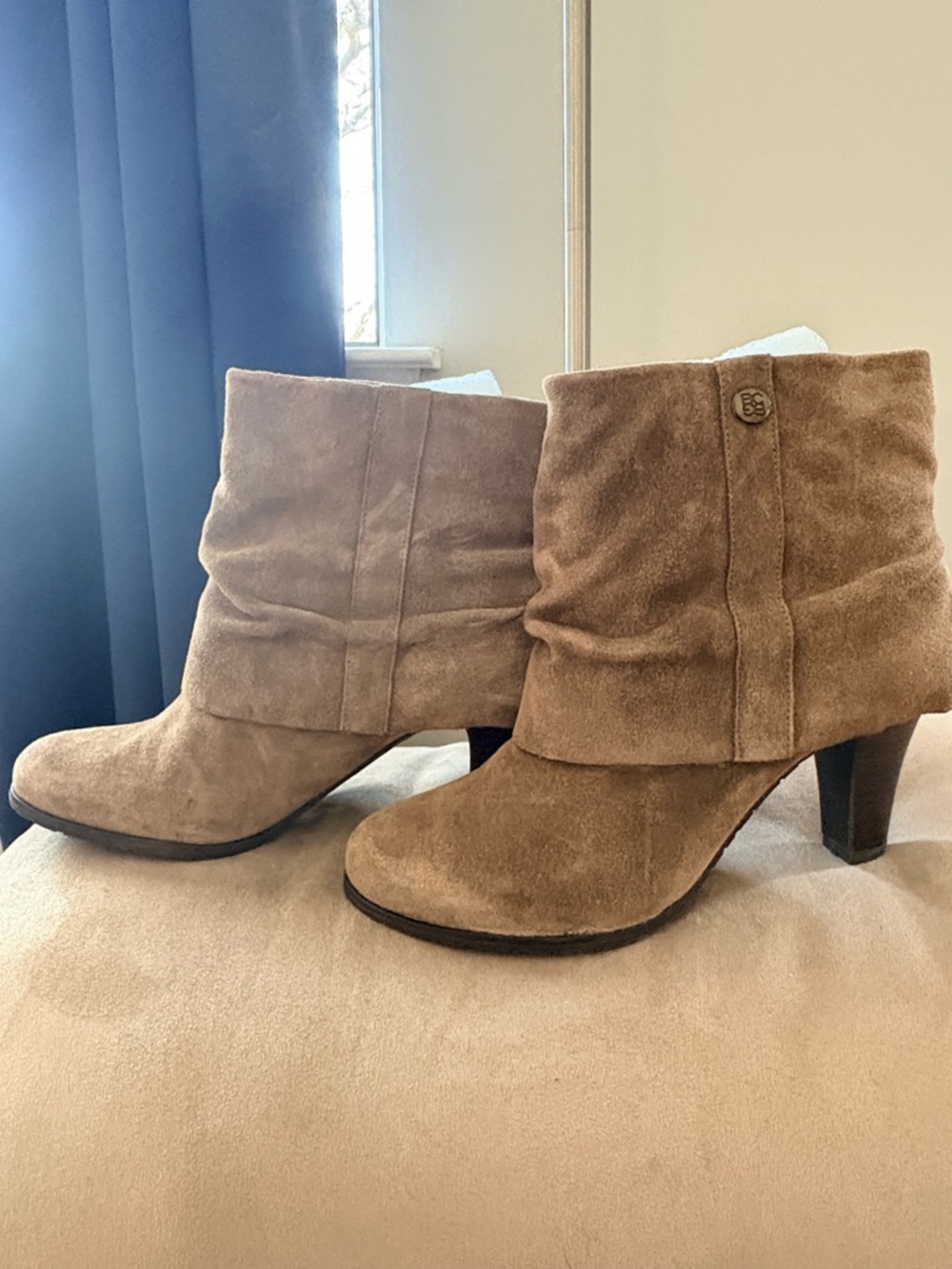 BCBG Taupe Suede Slouch Ankle Booties